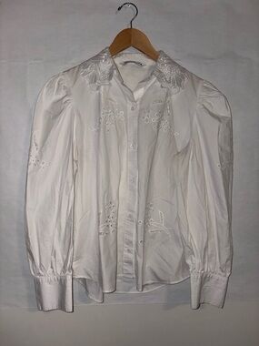 Zara White Embroidered Collar Blouse Small Button Up Shirt Top